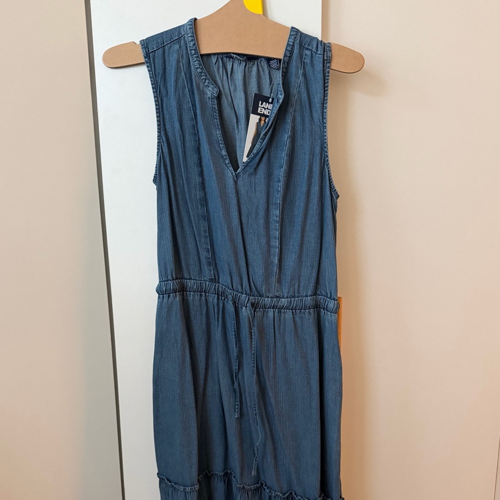 Lands' End blue sleeveless tiered midi dress